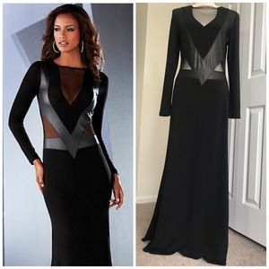 VENUS Long Sleeve Mesh & Black Faux Leather Dress